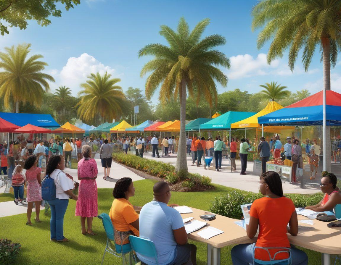 A vibrant community meeting in Lauderdale Lakes showcasing diverse residents interacting with public service representatives. The background includes local landmarks and greenery, symbolizing civic resources. People are engaged in discussions, with pamphlets and information booths visible, depicting a sense of collaboration and unity. Bright, inviting colors emphasize a positive community atmosphere. super-realistic. vibrant colors.