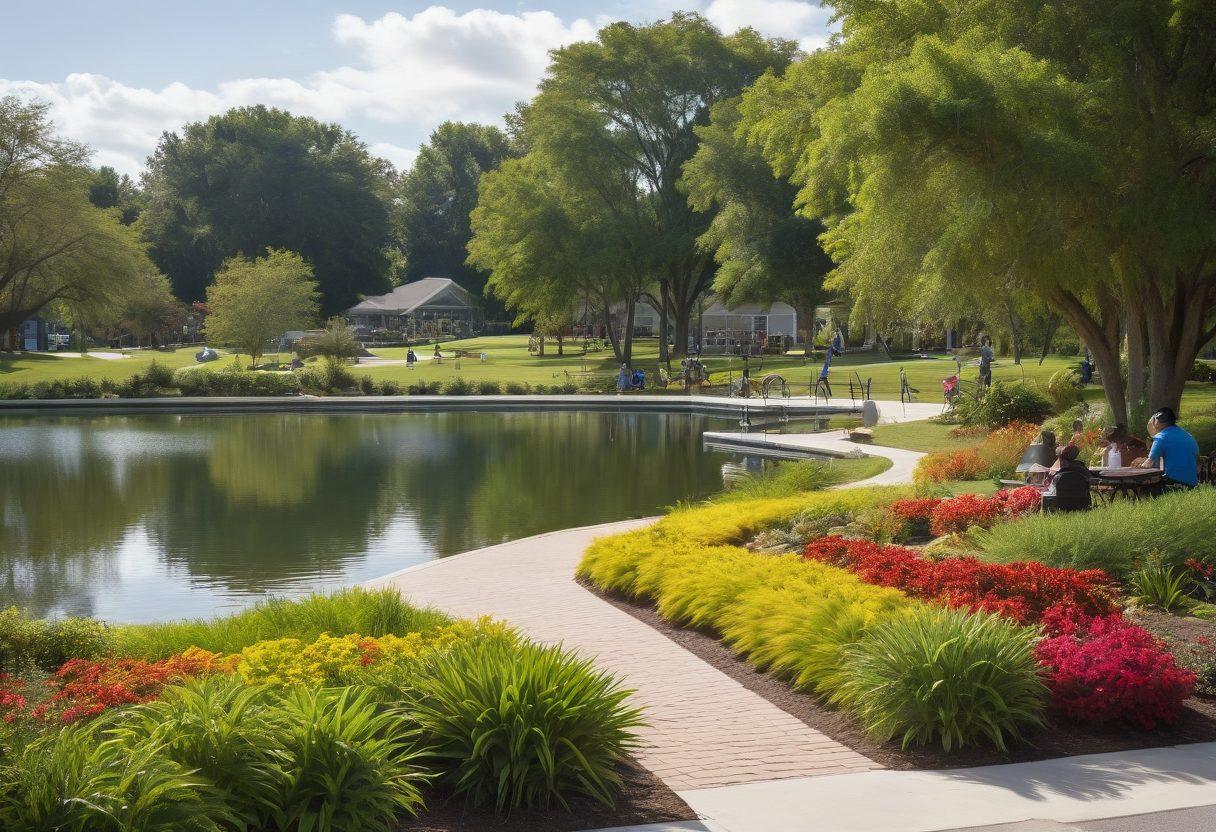 A vibrant scene of Lauderdale Lakes with a diverse group of residents engaged in various community programs such as gardening, art classes, and fitness sessions at a lakeside park, showcasing well-maintained local resources like a community center and library in the background. Bright sunshine illuminating the joyful atmosphere and lush greenery around the lake, promoting a sense of community and togetherness. super-realistic. vibrant colors. white background.