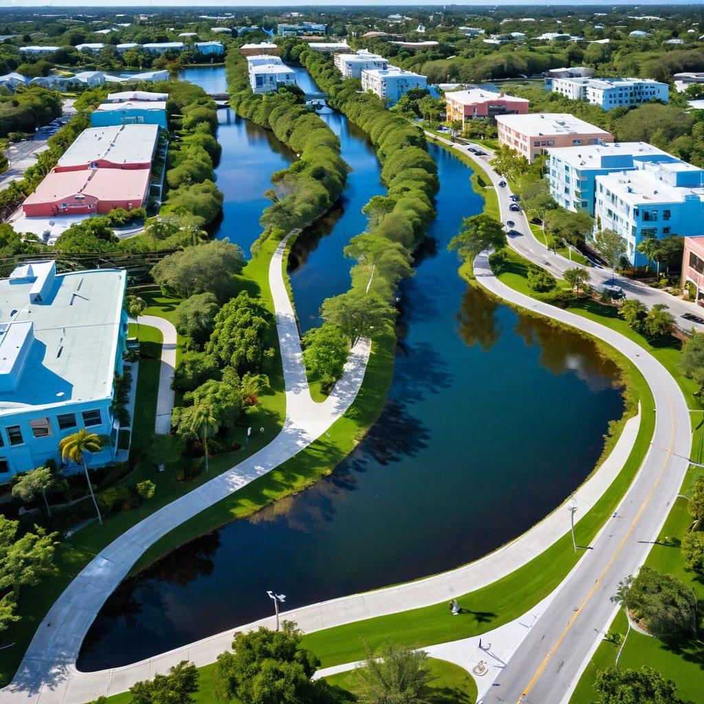 A vibrant cityscape of Lauderdale Lakes featuring iconic local infrastructure like parks, community centers, and bicycle paths. Residents engaging in outdoor activities, showcasing the sense of community and support. A bright blue sky and lush greenery serve as the backdrop, emphasizing a thriving environment. super-realistic. vibrant colors.